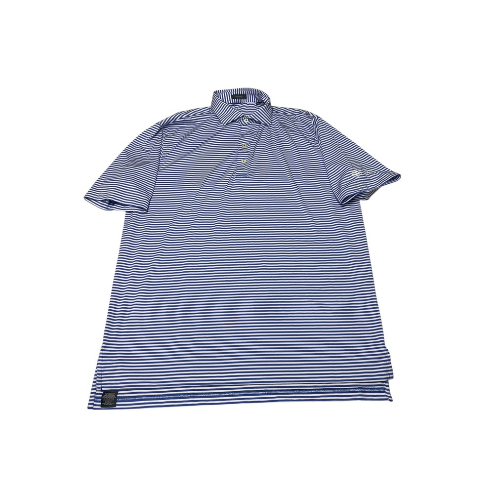 Turtleson Mens Performance Polo Shirt Blue White Striped PerryGolf Logo Large‎